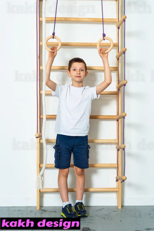 نردبان سوئدی چوبی به همراه حلقه ژیمناستیک و نردبان