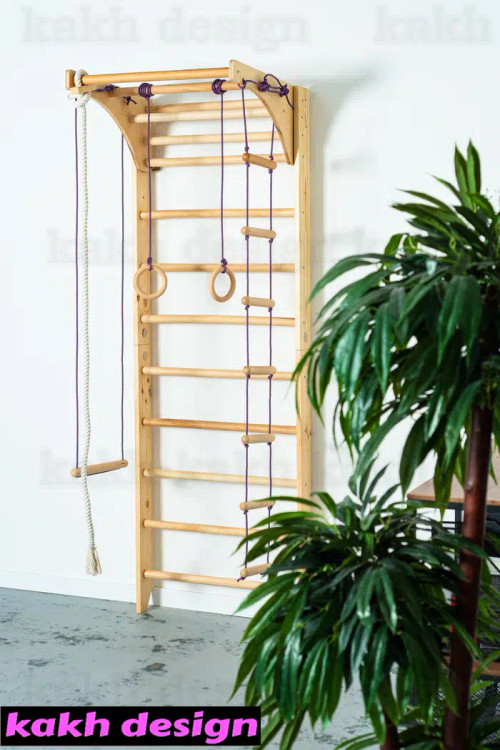 نردبان سوئدی چوبی به همراه حلقه ژیمناستیک و نردبان