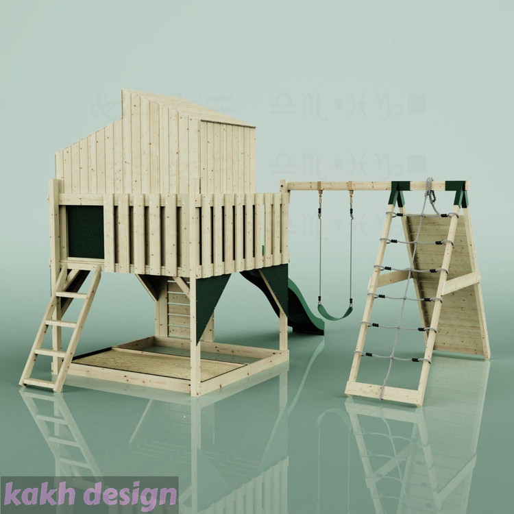 کلبه چوبی جدید سقف شیبدار به همراه تاب و دیواره صخره نوردی کد cs05