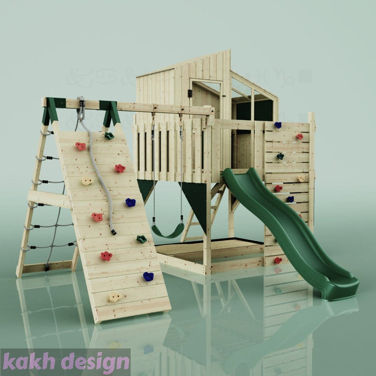 کلبه چوبی جدید سقف شیبدار به همراه تاب و دیواره صخره نوردی کد cs05