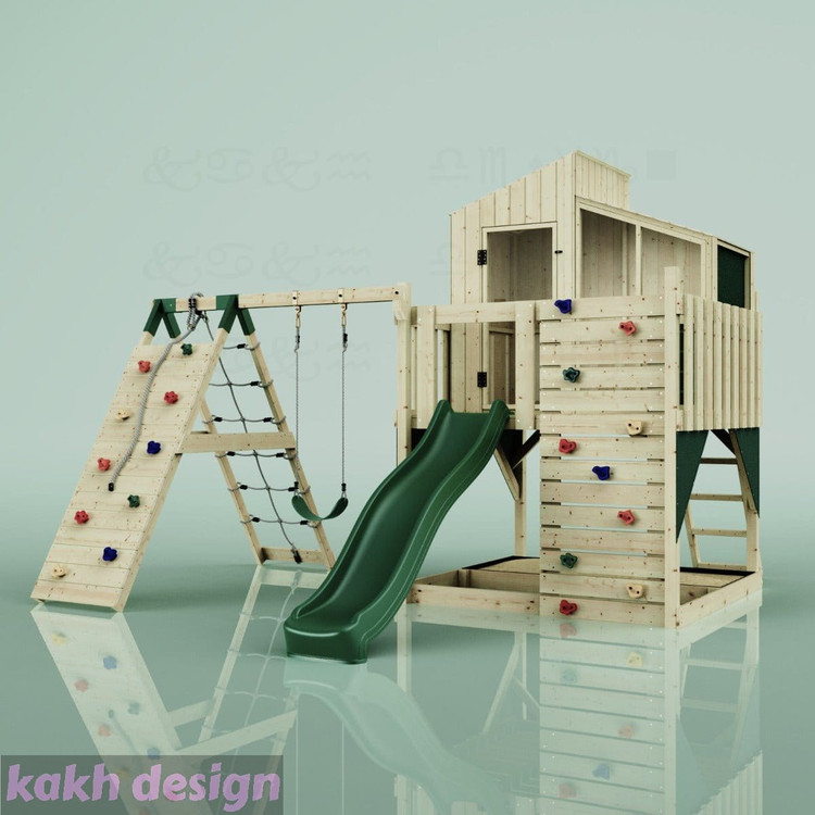 کلبه چوبی جدید سقف شیبدار به همراه تاب و دیواره صخره نوردی کد cs05